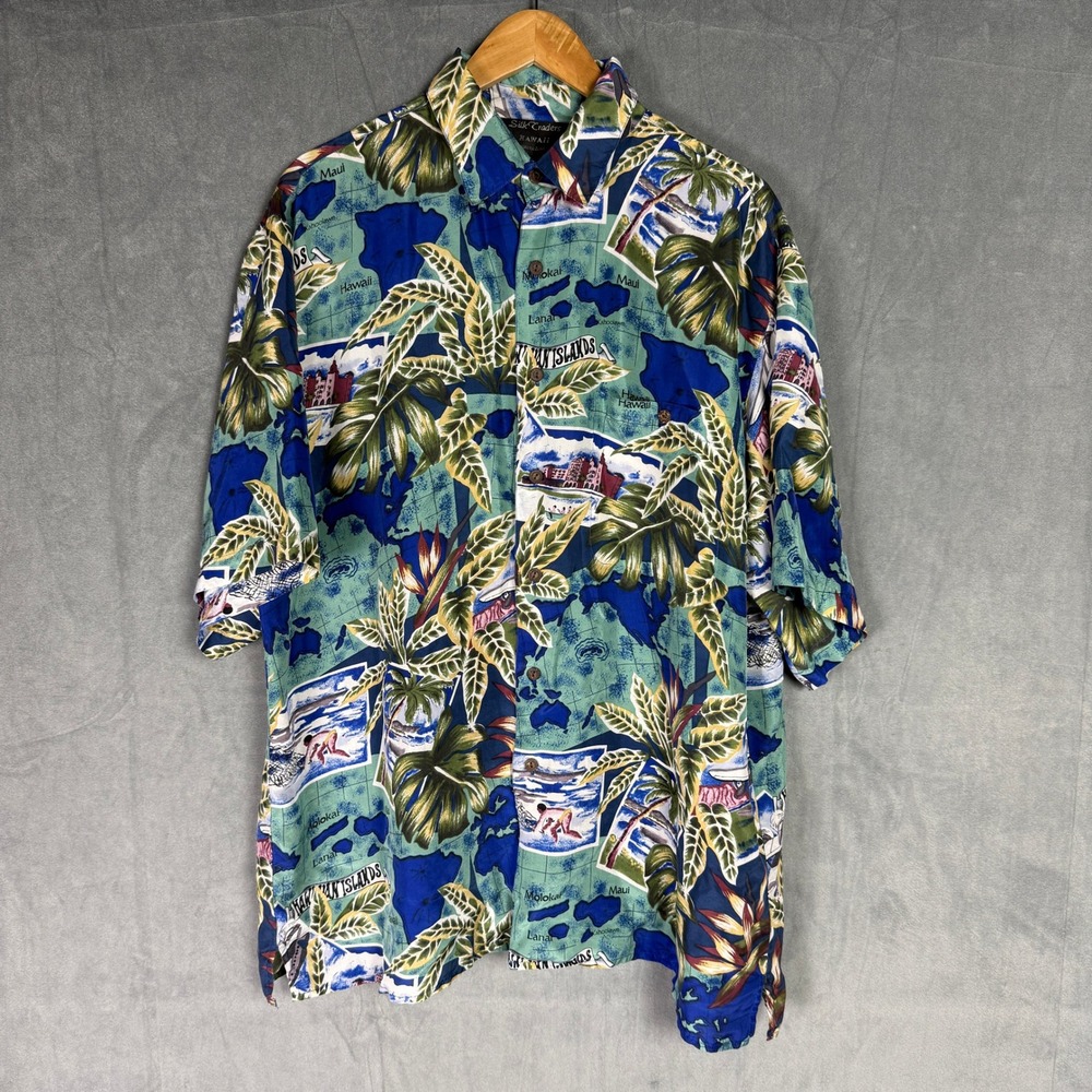 Vintage Silk Traders Hawaii Mens XL Shirt Tropical Island Map‎ Blue Green Resort
